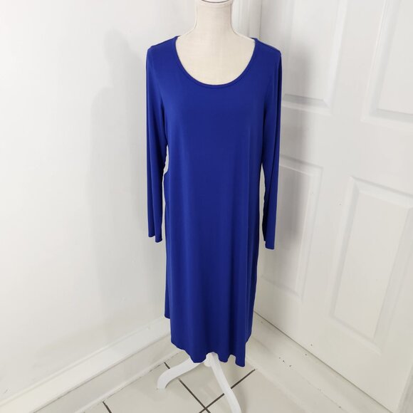 Eileen Fisher Dress Womens L Blue Midi Jersey Knit Keyhole Neck Minimalist - Picture 14 of 14